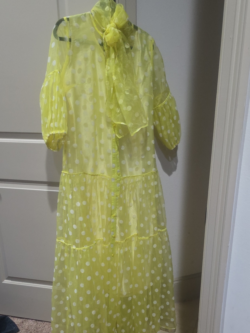 Sheer Yellow Polka Dot Tiered Maxi Dress with Neck Tie